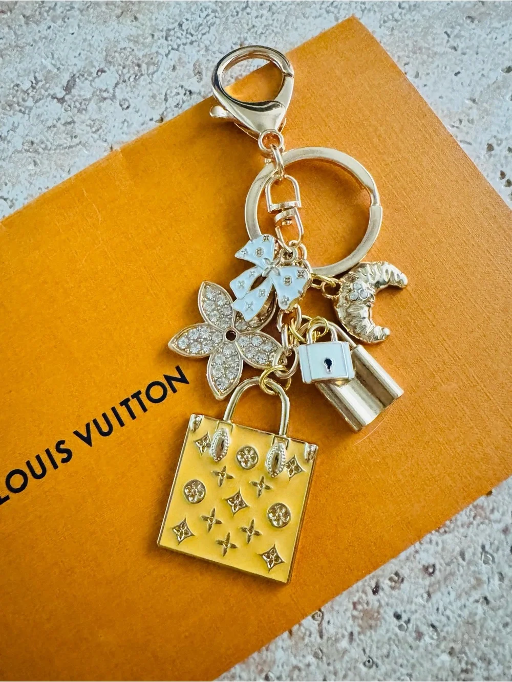 LV Stamped Hardware & Fashion Accents on Gold Key Chain/Bag Charm